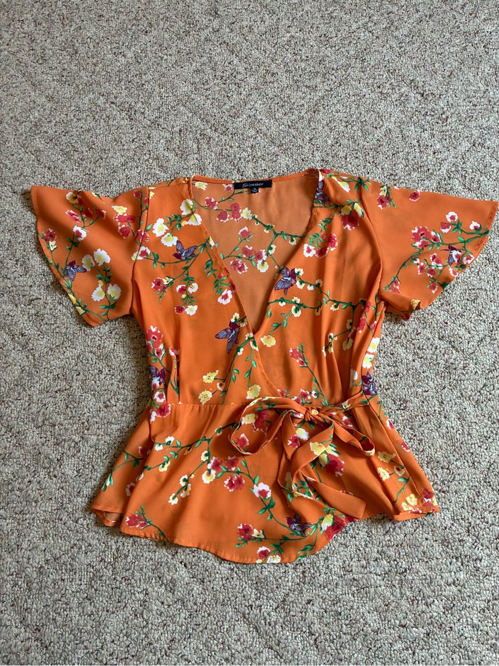 Shinestar Orange Floral Wrap Blouse with Tie Waist